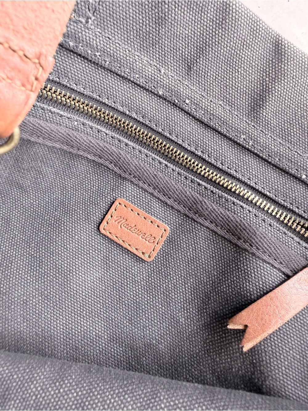 Madewell gray canvas tote bag tan leather straps - Picture 7 of 8